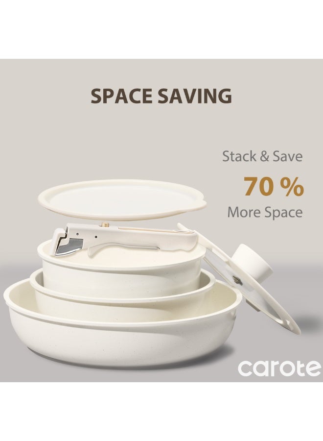 كاروت طقم أواني كاروت 21 قطعة سيراميك غير لاصق بمقابض قابلة للفصل، تصميم قابل للتكديس مع أغطية، خالٍ من PFAS لطهي صحي، متوافق مع جميع المواقد وآمن لغسالة الصحون (أبيض) - Image 5